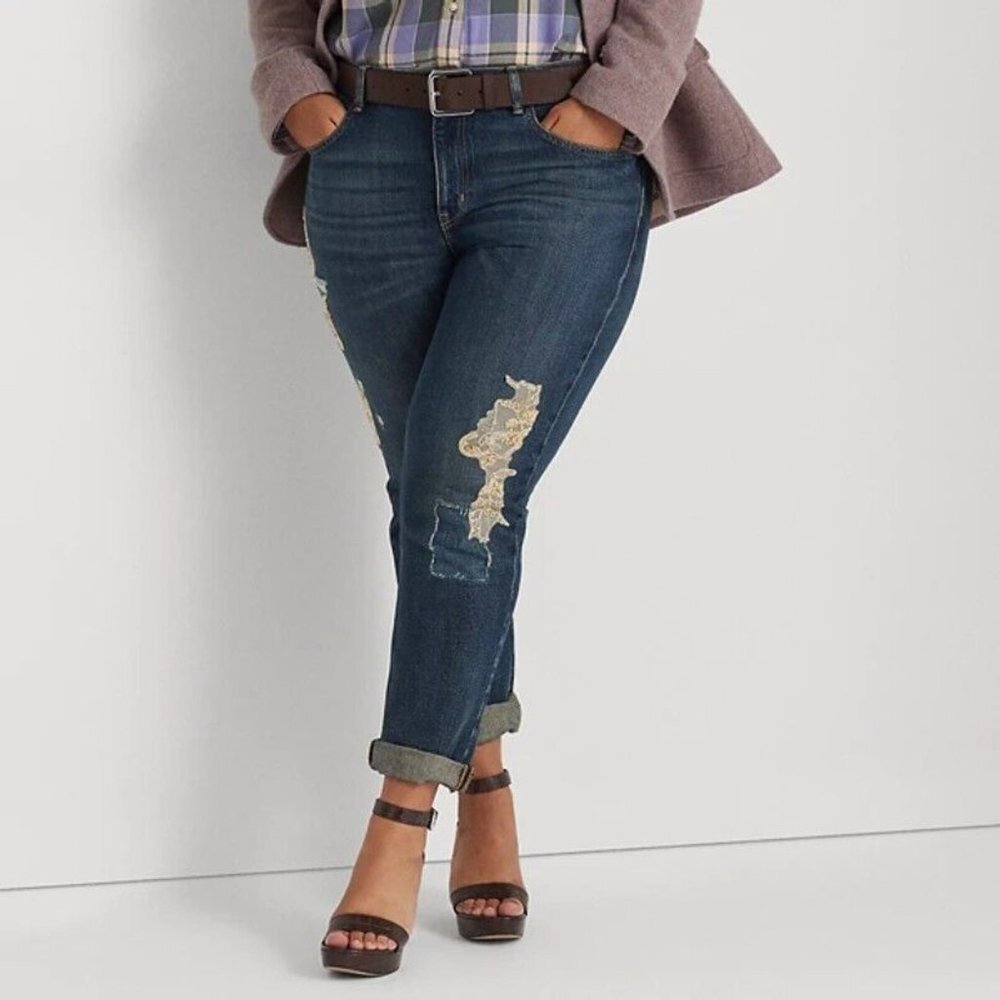 NWT Lauren Ralph Lauren Plus  Lace Patchwork Relaxed Tapered Jeans 20W